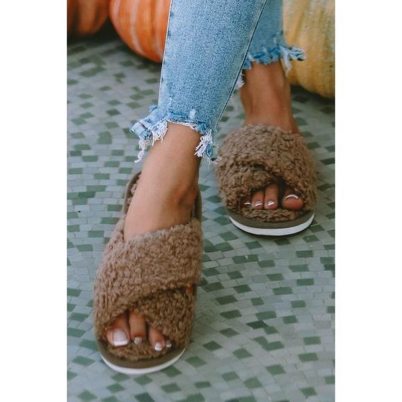 Azura Exchange  Brown Teddy Fur Cross Straps Home Slippers - Picture 5 of 13